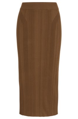 Shop Hugo Boss Knitted Pencil Skirt With Ribbed Structure In Light Brown