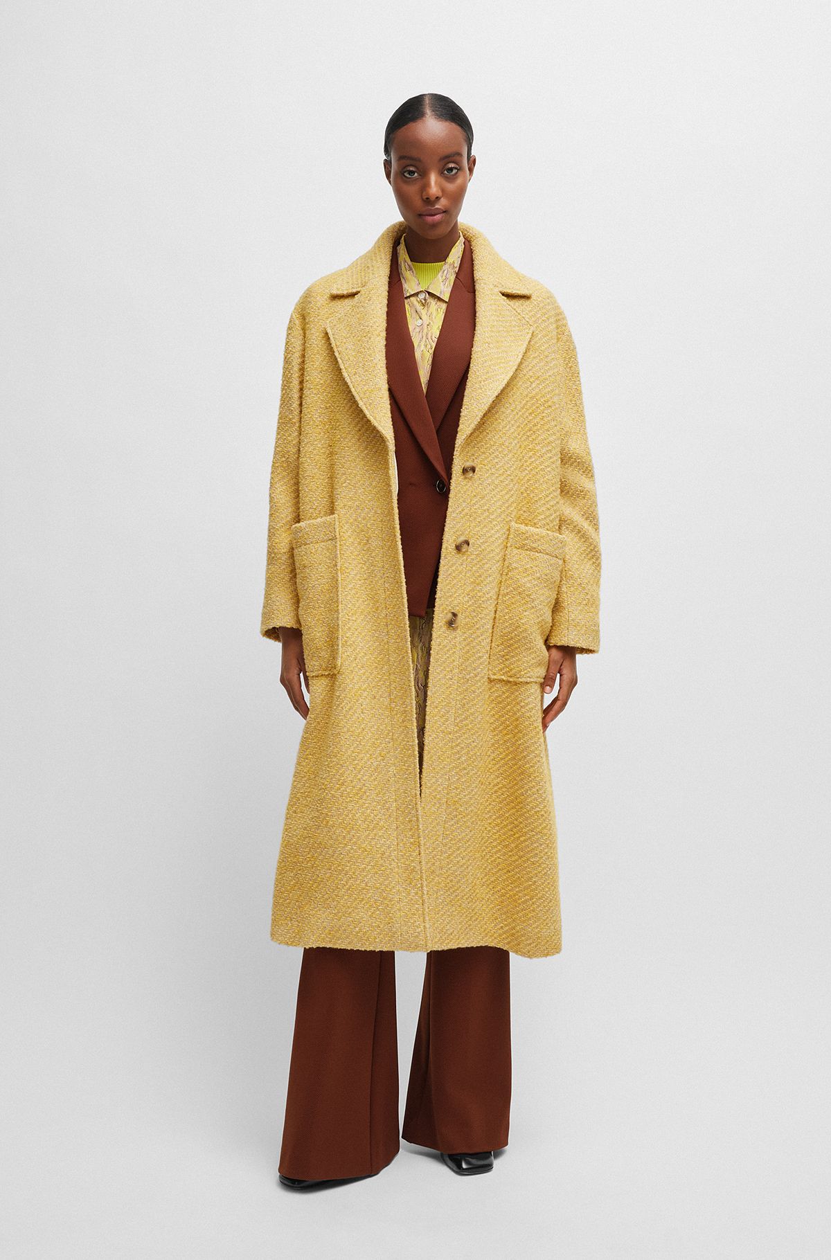 Half-lined coat in multi-colored twill, Patterned