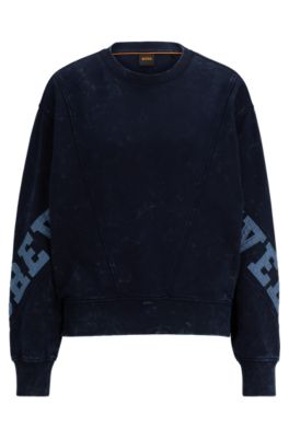 Shop Hugo Boss Relaxed-fit Cotton Sweatshirt With Embroidered Slogan In Dark Blue