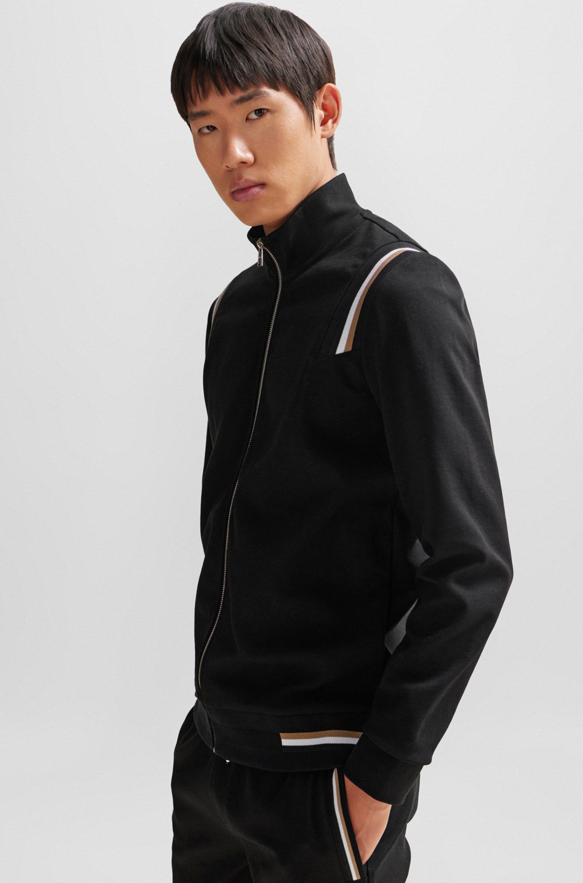 BOSS - Zip-up sweatshirt with signature-stripe trims - Black BOSS - Zip-up sweatshirt with signature-stripe trims - Black