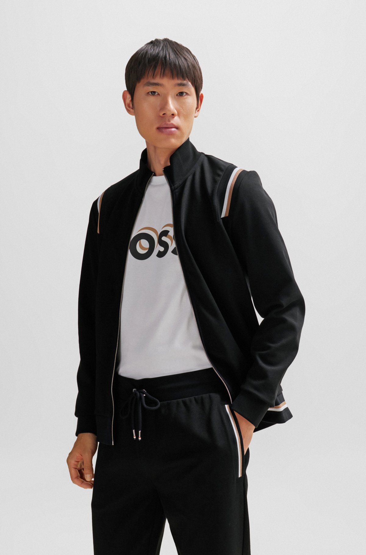 BOSS - Zip-up sweatshirt with signature-stripe trims - Black BOSS - Zip-up sweatshirt with signature-stripe trims - Black