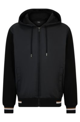 Shop Hugo Boss Mixed-material Zip-up Hoodie With Signature-stripe Trims In Black