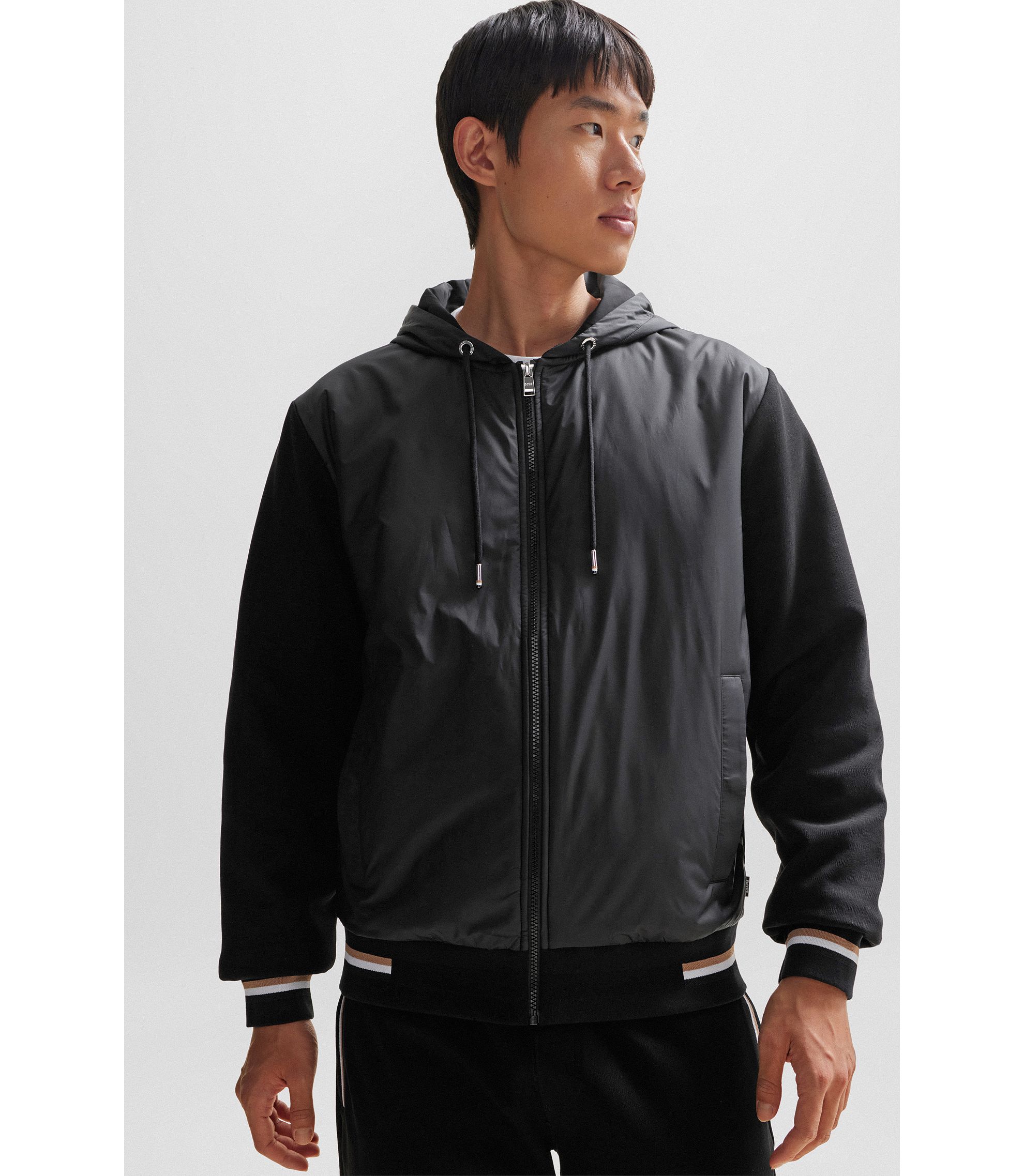 BOSS - Mixed-material zip-up hoodie with signature-stripe BOSS - Mixed-material zip-up hoodie with signature-stripe
