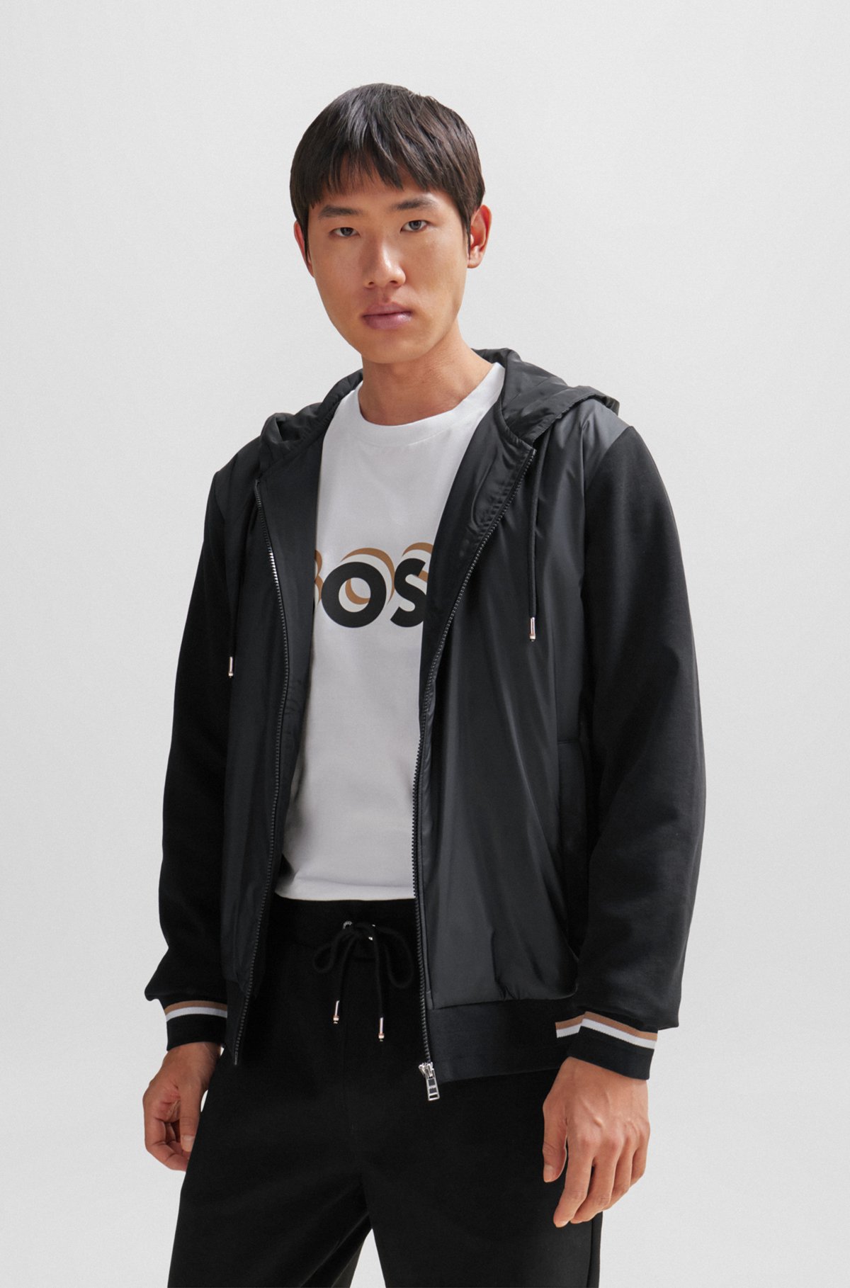 BOSS - Mixed-material zip-up hoodie with signature-stripe BOSS - Mixed-material zip-up hoodie with signature-stripe