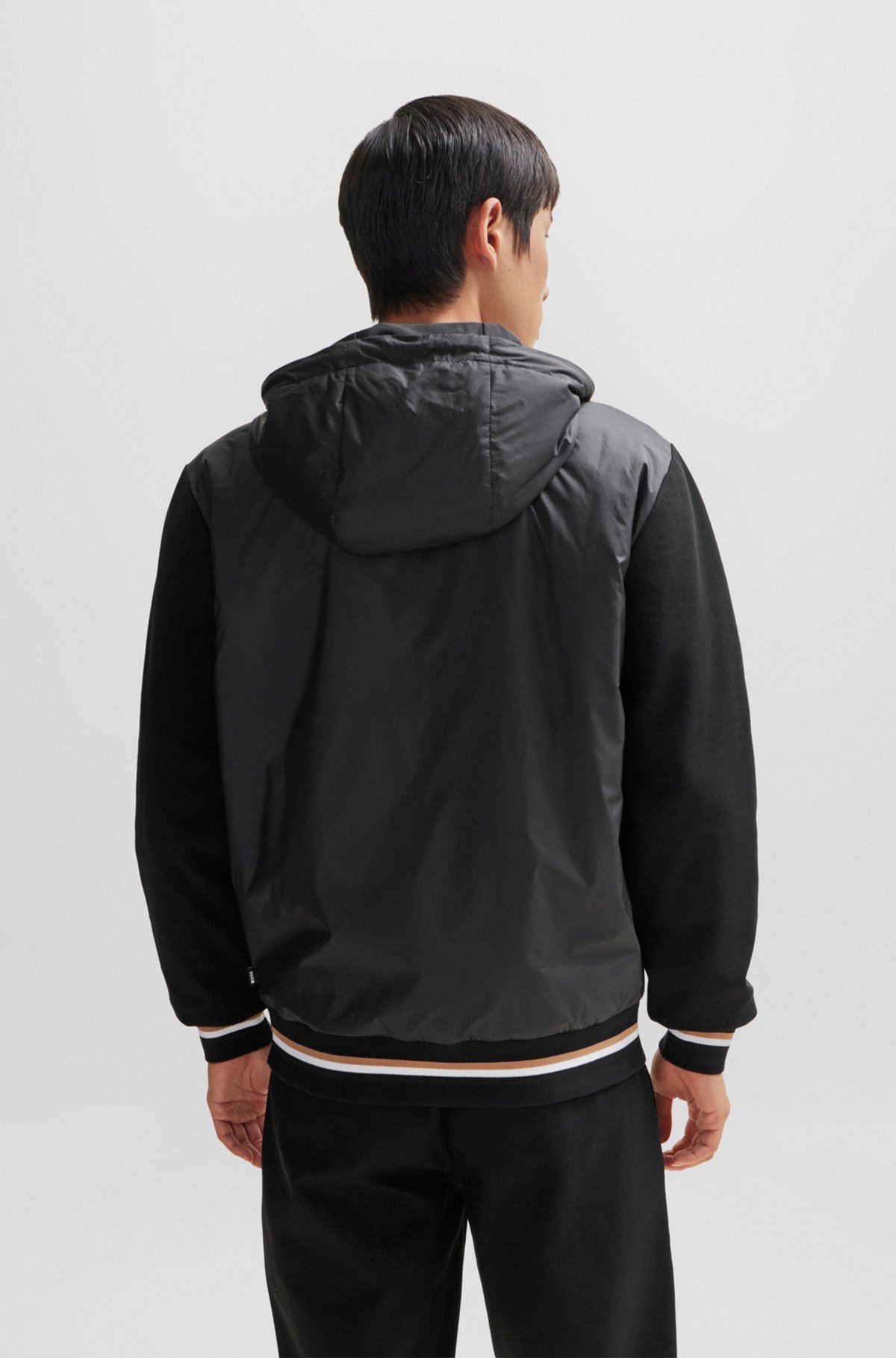 BOSS - Mixed-material zip-up hoodie with signature-stripe BOSS - Mixed-material zip-up hoodie with signature-stripe