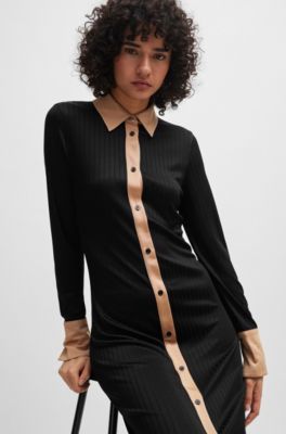Vestido largo estilo camisa en punto de canal&eacute;, Negro