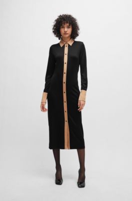 Vestido largo estilo camisa en punto de canal&eacute;, Negro