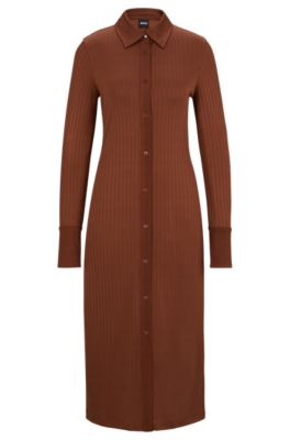 Hugo Boss Long-length Shirt-style Dress In Ribbed Jersey In Brown
