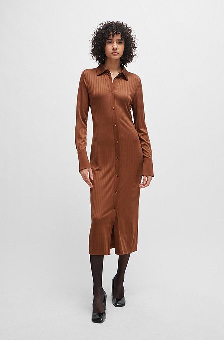 Long-length shirt-style dress in ribbed jersey, Brown