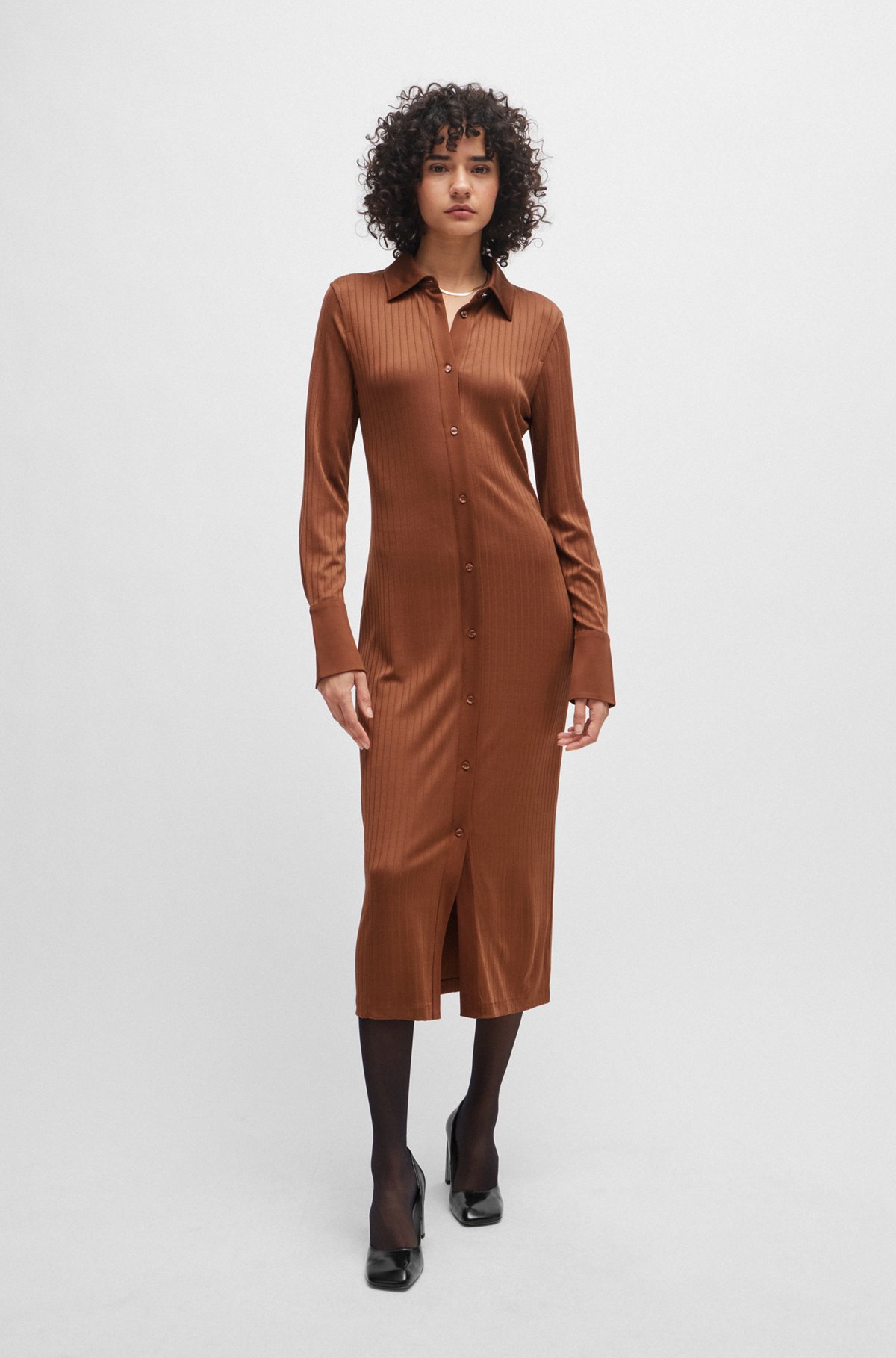 BOSS - Long-length shirt-style dress in ribbed jersey