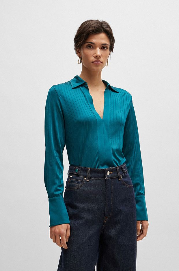 Ribbed long-sleeved blouse with Johnny collar, Light Green