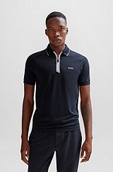 Stretch-cotton slim-fit polo shirt with zip placket, Dark Blue