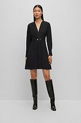 Long-sleeved wrap dress with button closure, Black