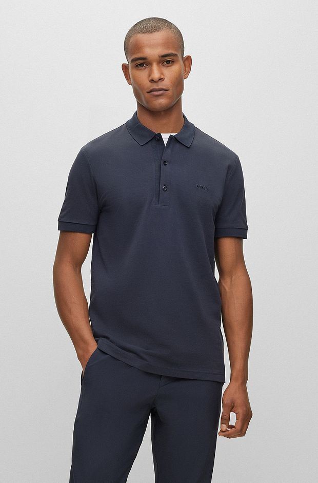 Cotton-piqué slim-fit polo shirt with logo details, Dark Blue