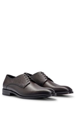 Hugo Boss Italian-made Derby Shoes In Smooth And Printed Leather In Dark Brown