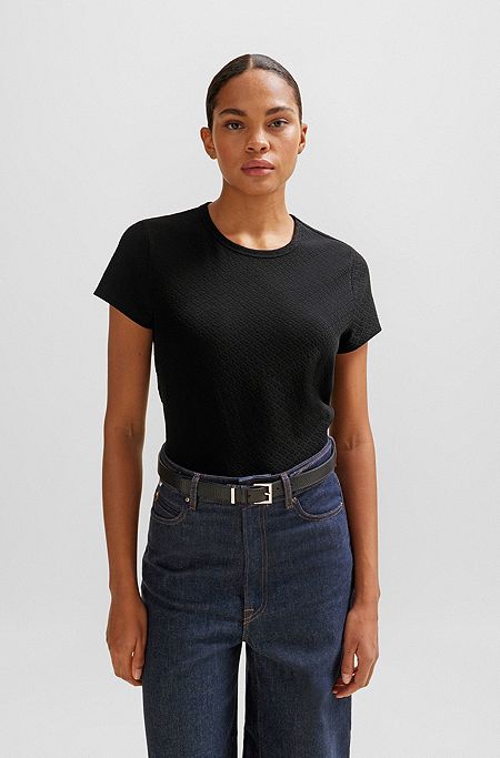Camiseta de algodón con monogramas de punto con estructura 3D, Negro