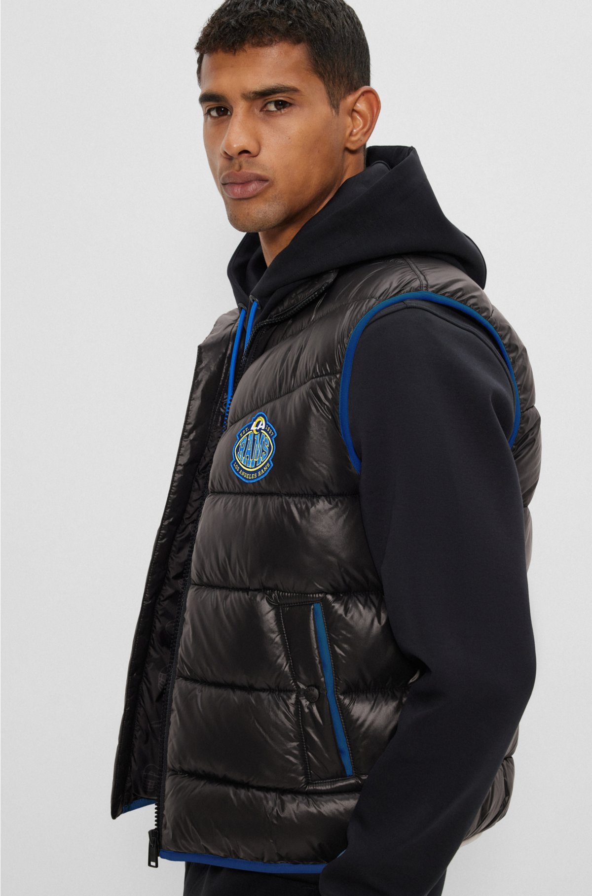  BOSS x NFL water-repellent padded gilet with collaborative branding, Rams