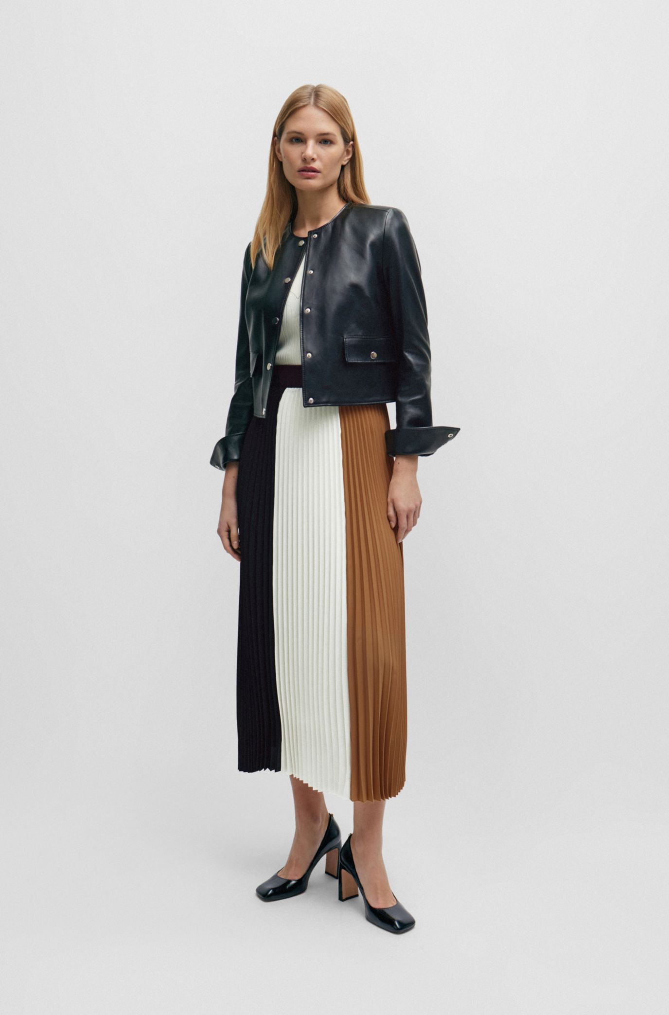 BOSS - Plissé skirt in colors signature with high-rise waist