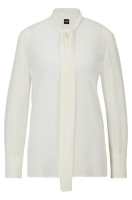 Shop Hugo Boss Relaxed-fit Blouse In Washed Silk With Tie Collar In White