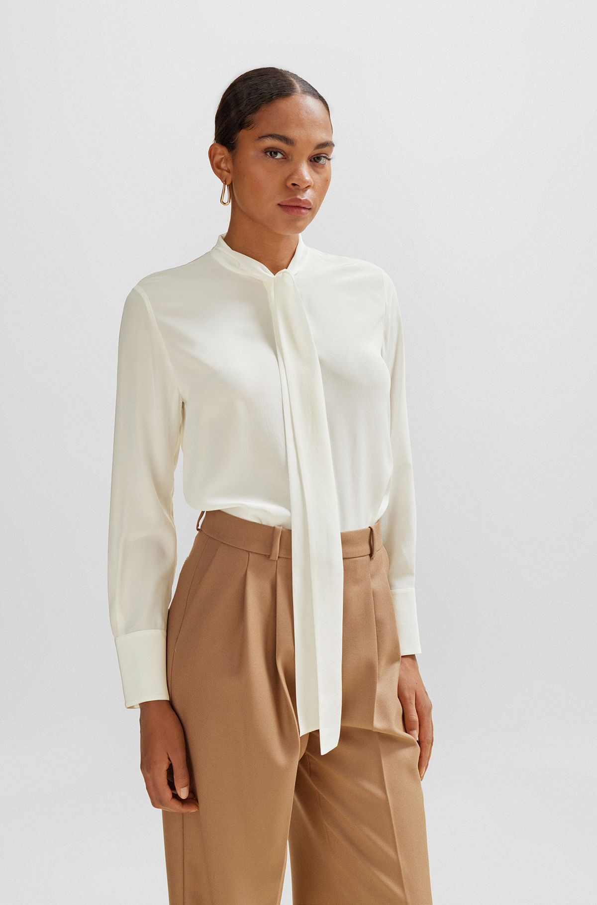 Relaxed-fit blouse in washed silk with tie collar, White