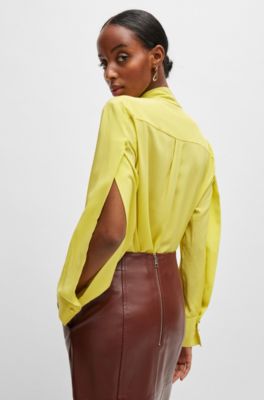 Relaxed-fit blouse in washed silk with tie collar, Yellow
