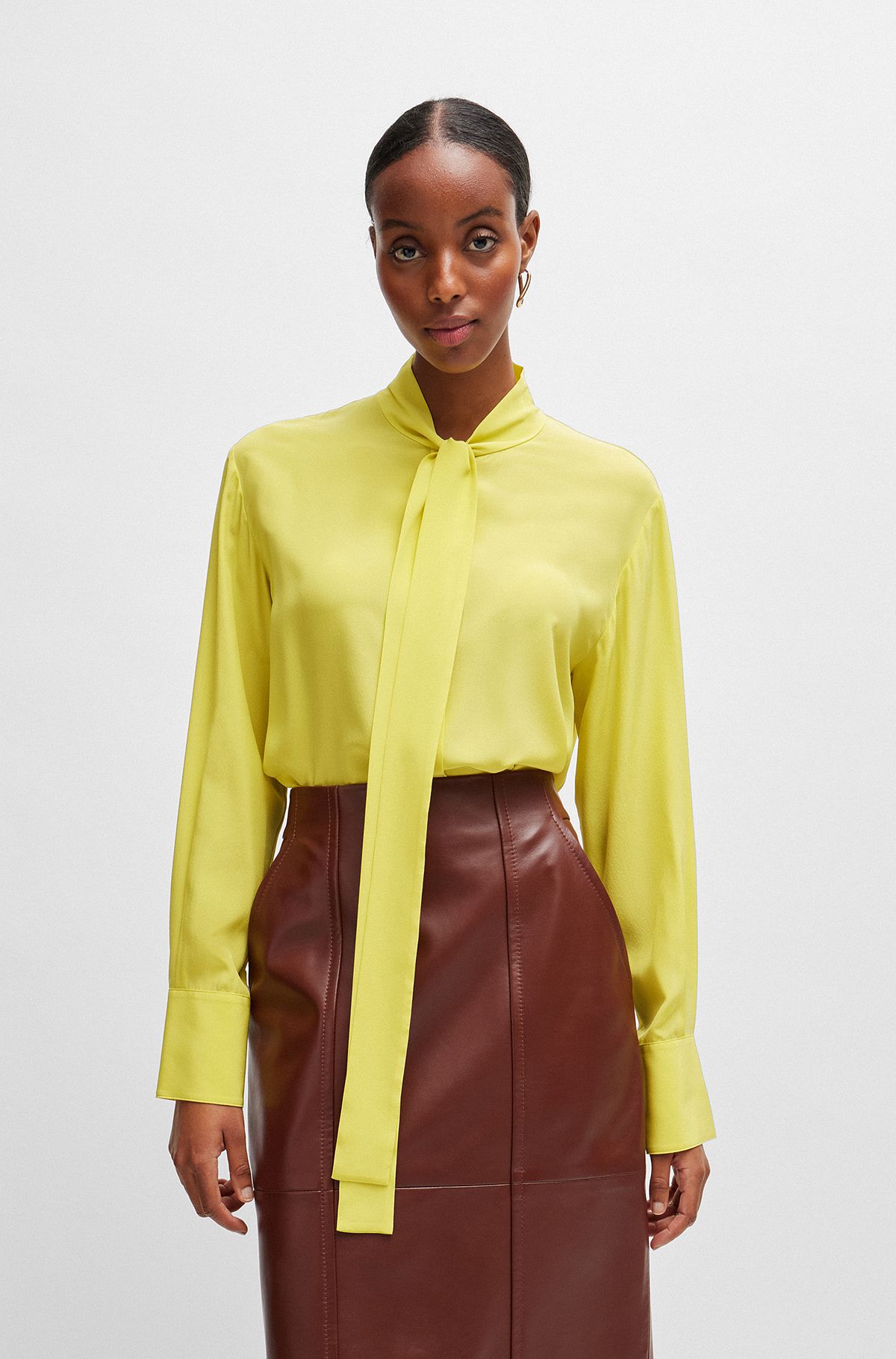 Relaxed-fit blouse in washed silk with tie collar, Yellow