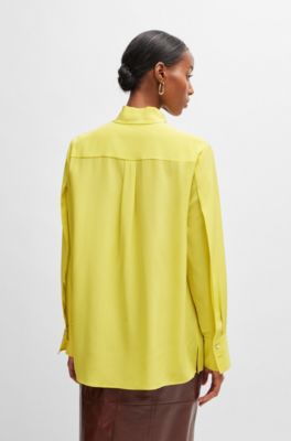 Relaxed-fit blouse in washed silk with tie collar, Yellow