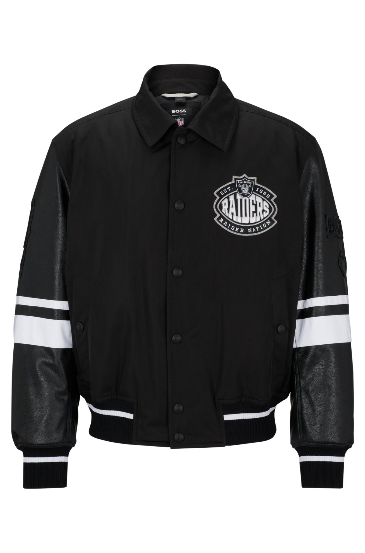 BOSS x NFL water-repellent bomber jacket with collaborative branding, Raiders