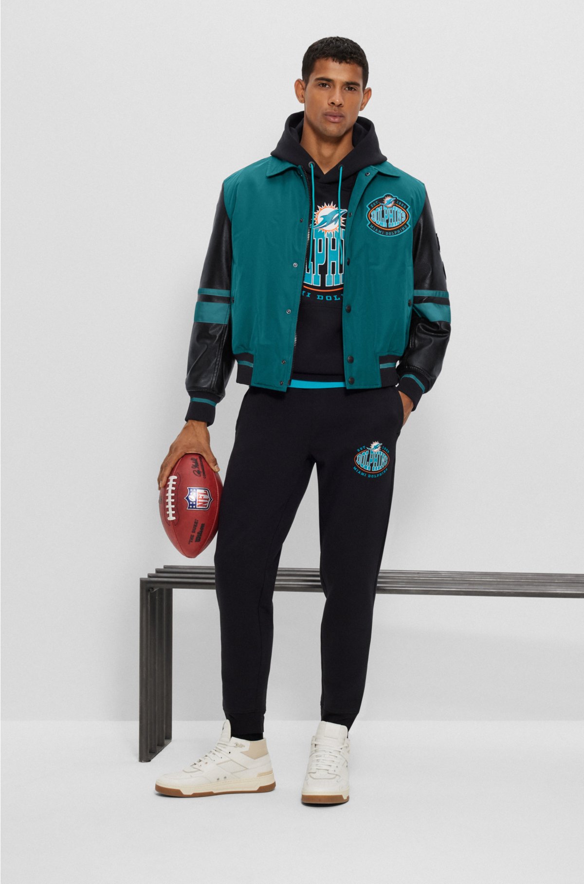  BOSS x NFL water-repellent bomber jacket with collaborative branding, Dolphins