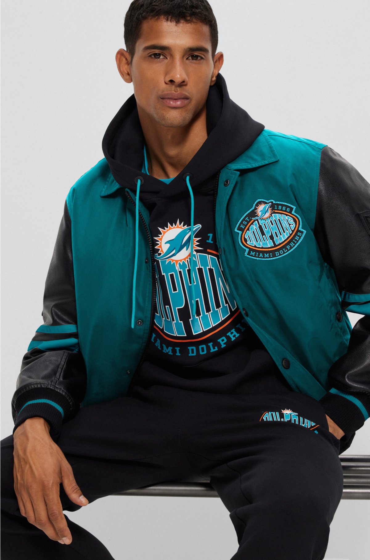  BOSS x NFL water-repellent bomber jacket with collaborative branding, Dolphins