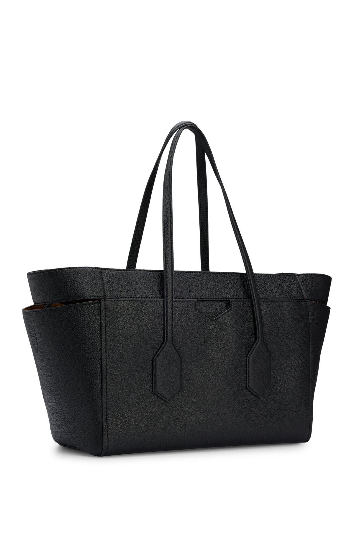 Tote bag in grained leather with embossed logo, Black