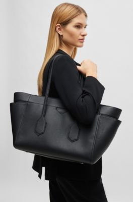 HUGO BOSS レザートートバッグ BOSS - Tote bag in grained leather with embossed logo - Black