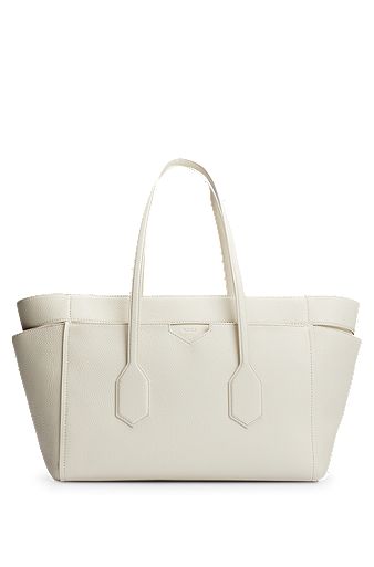 Tote bag in grained leather with embossed logo, White