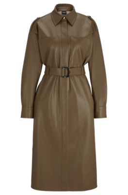 Hugo Boss Belted Shirt Dress In Perforated Faux Leather In Light Brown