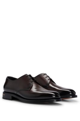 Hugo Boss Italian-made Derby Shoes In Burnished Leather In Dark Brown