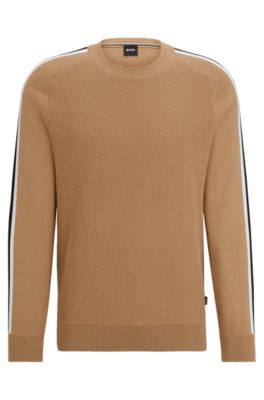Hugo Boss Cotton Sweater With Color-blocking And Mesh Detail In Beige