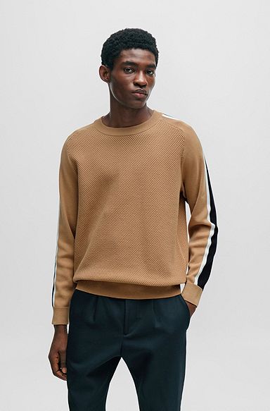 Cotton sweater with color-blocking and mesh detail, Beige