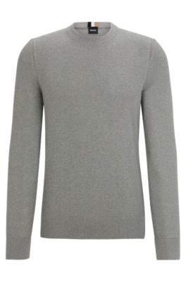 Shop Hugo Boss Micro-structured Crew-neck Sweater In Cotton In Silver
