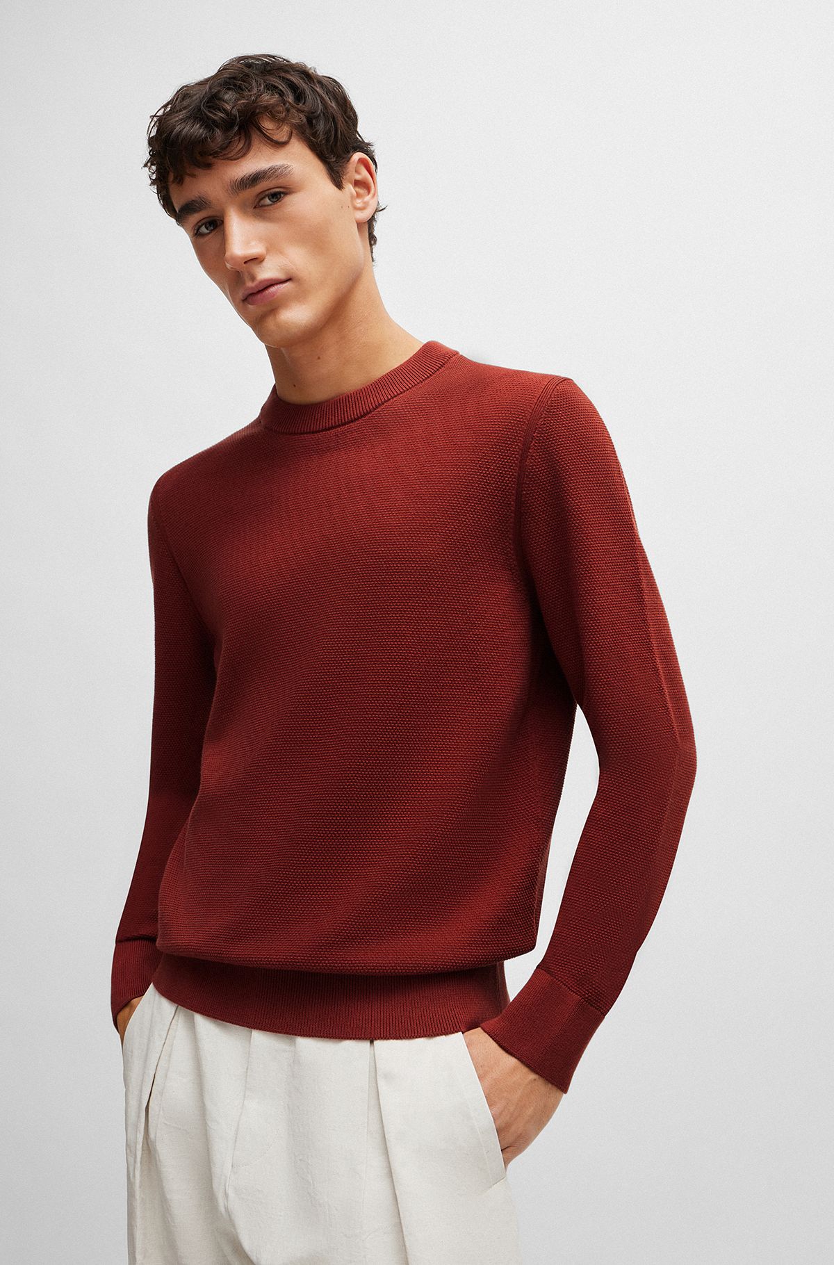 Micro-structured crew-neck sweater in cotton, Light Brown