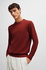 Micro-structured crew-neck sweater in cotton, Light Brown