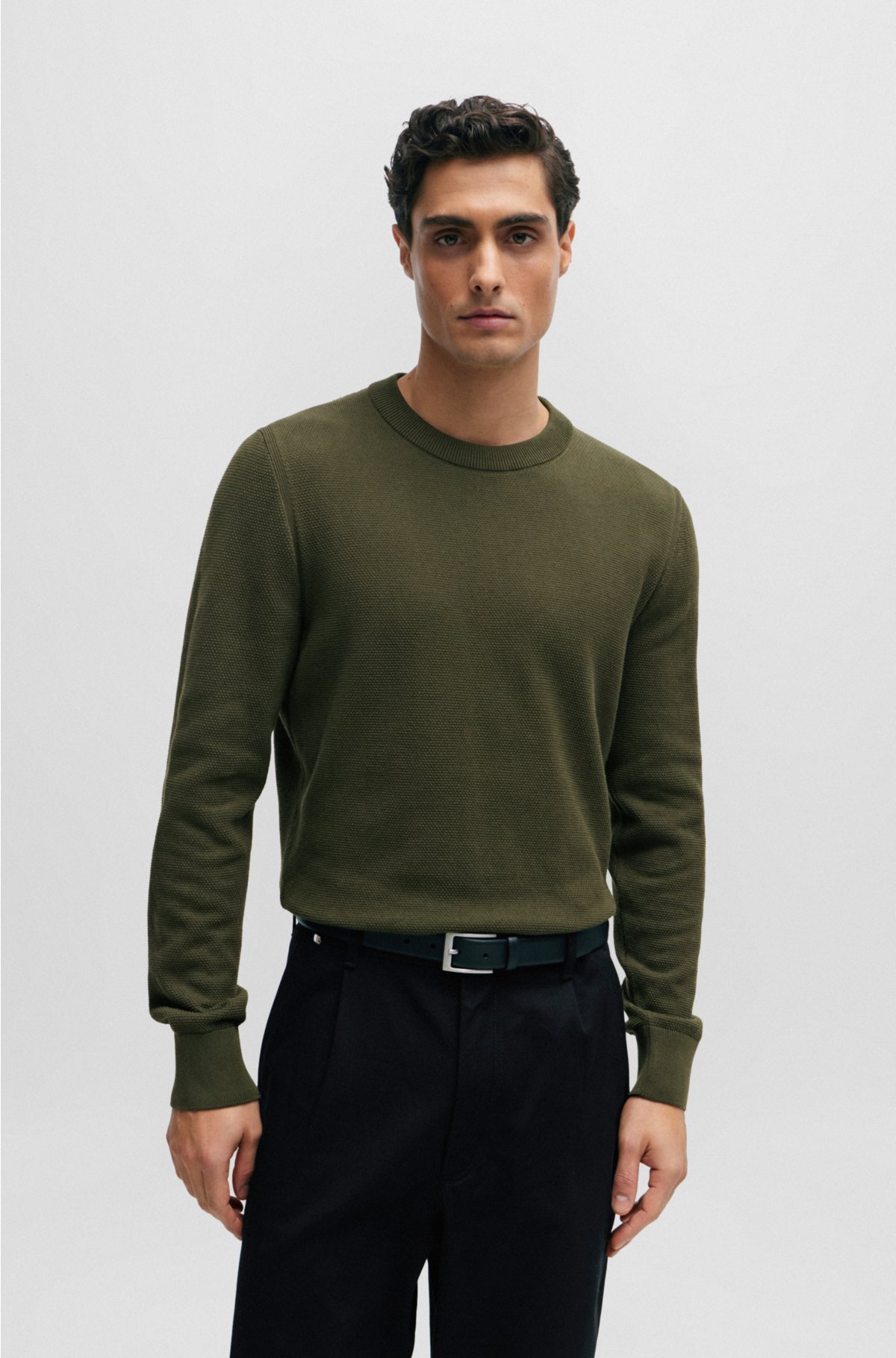 BOSS - Micro-structured crew-neck sweater in cotton
