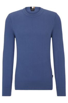 Shop Hugo Boss Micro-structured Crew-neck Sweater In Cotton In Light Blue