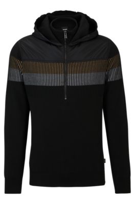 Hugo Boss Knitted Cotton Jacket With Contrast Hood And Yoke In Black