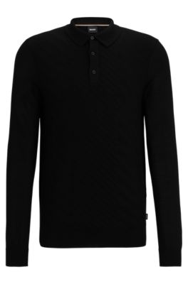 Shop Hugo Boss Wool-blend Polo Shirt With Graphic Jacquard Structure In Black