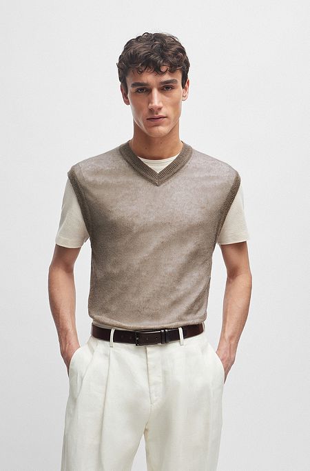 Regular-fit sleeveless sweater in a translucent knit, Light Beige