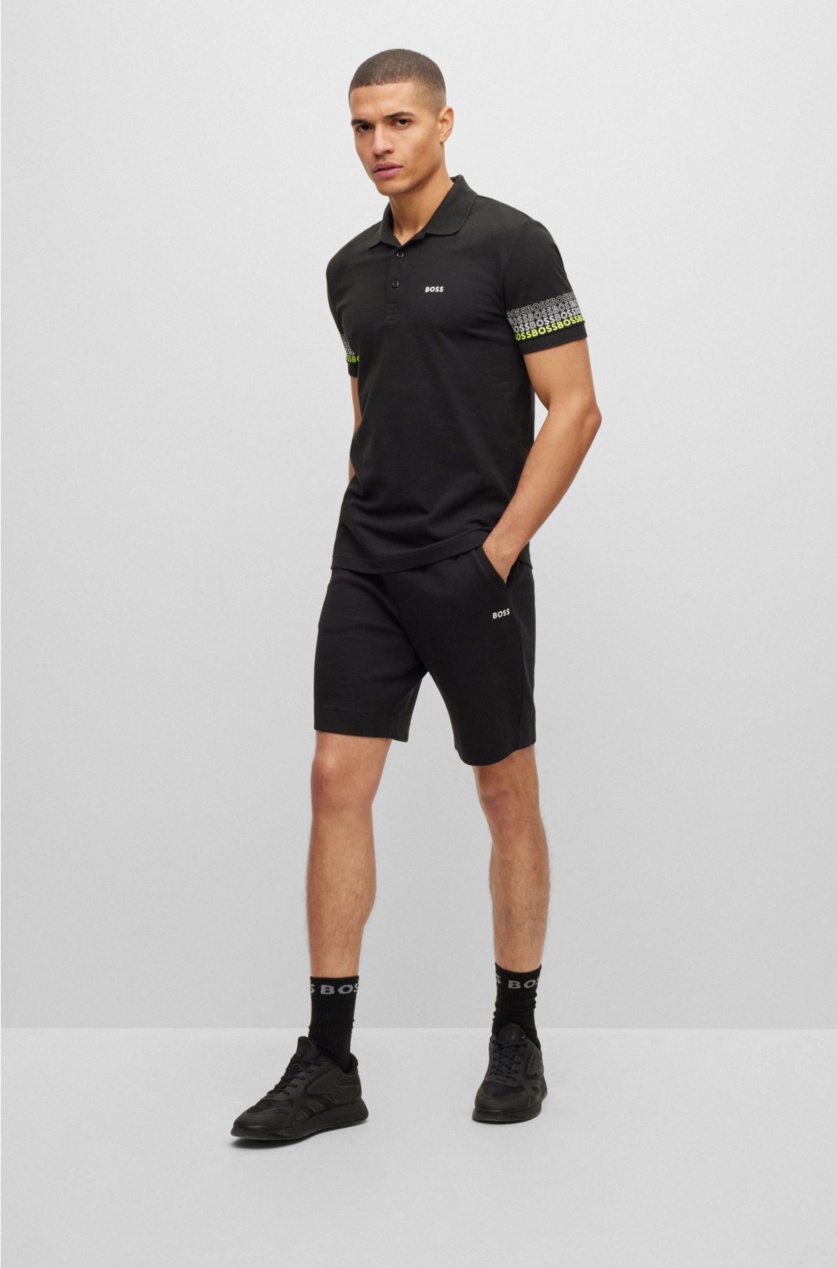Cotton-piqué polo shirt with repeat-logo sleeves, Black