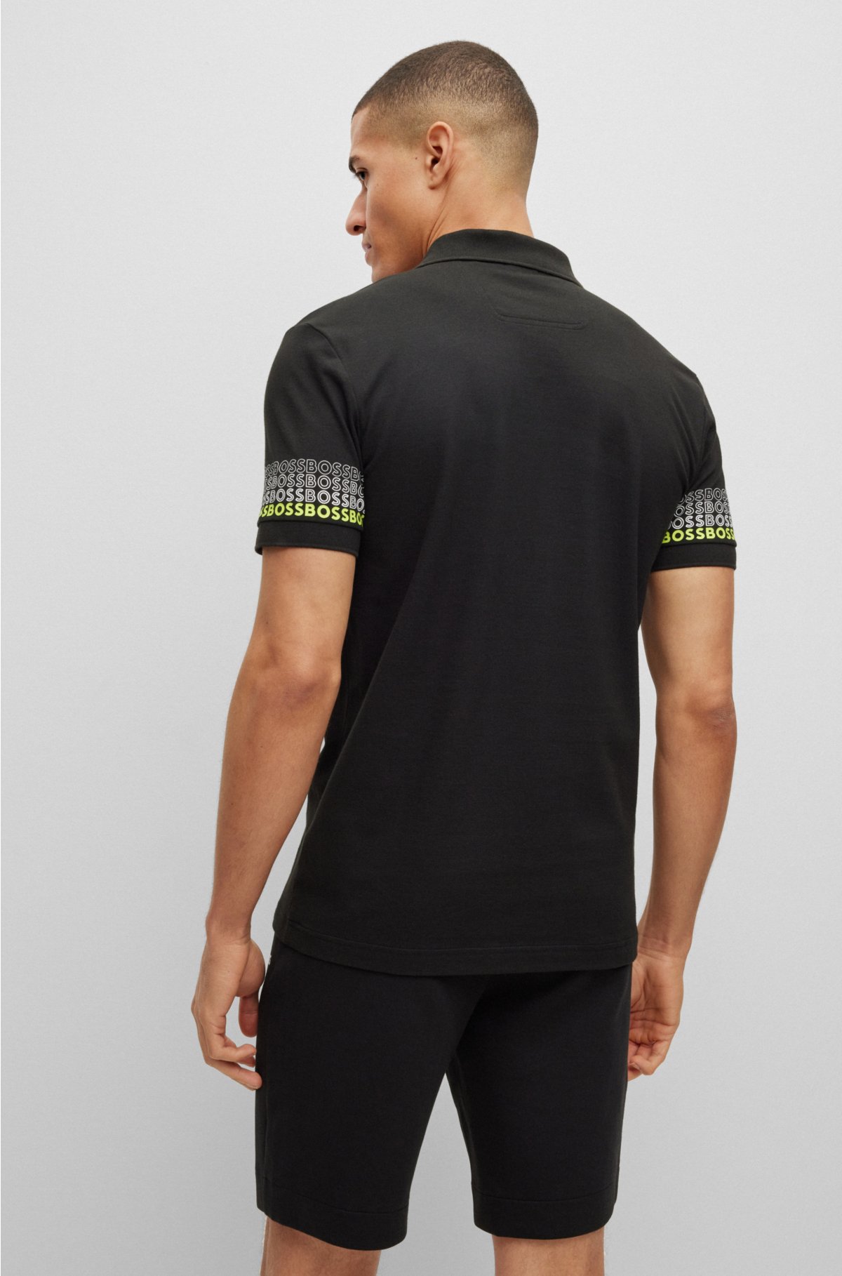 Cotton-piqué polo shirt with repeat-logo sleeves, Black
