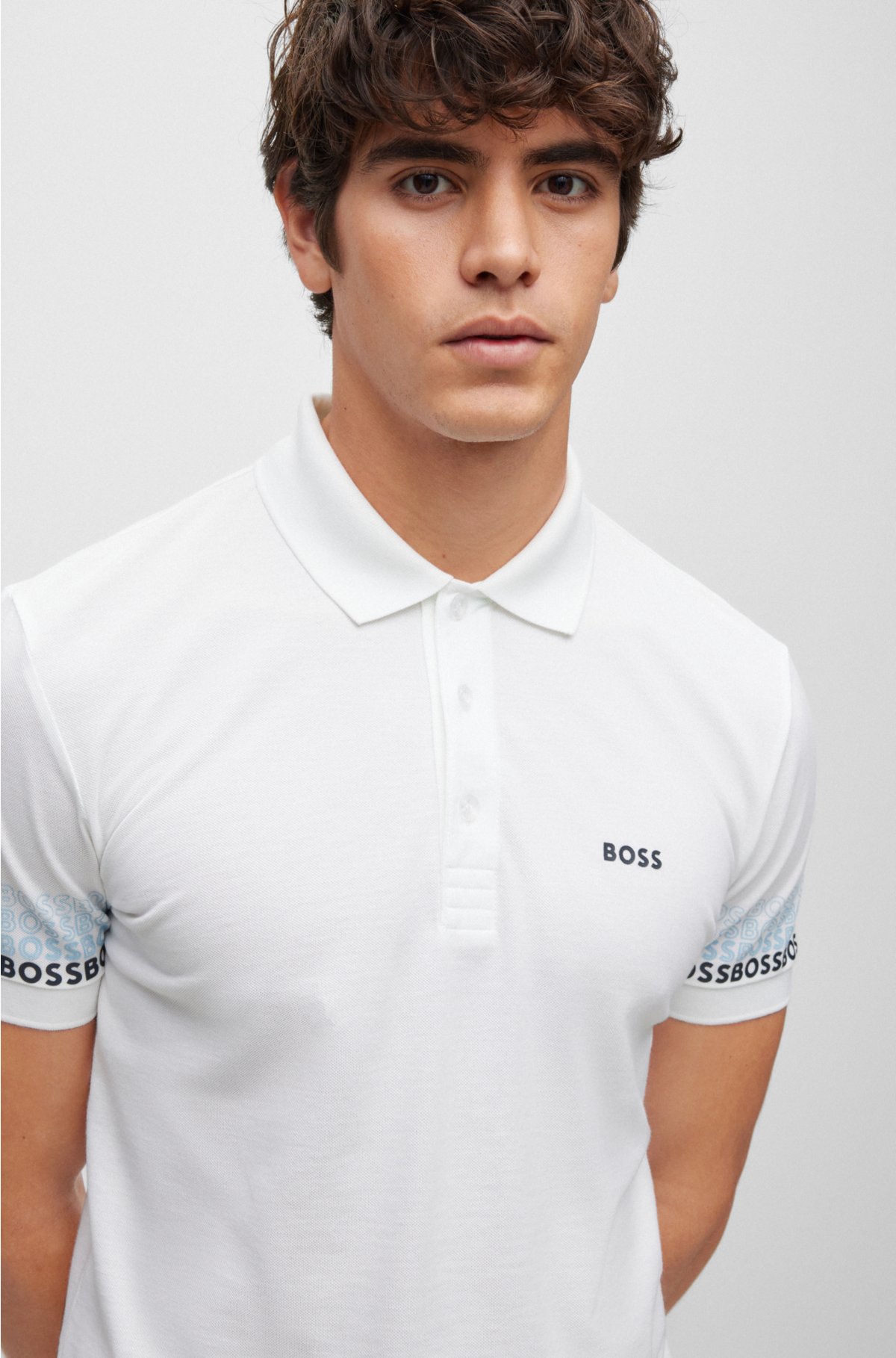 Cotton-piqué polo shirt with repeat-logo sleeves, White