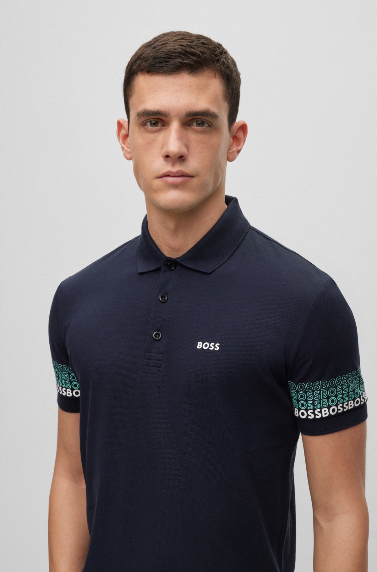 Cotton-piqué polo shirt with repeat-logo sleeves, Dark Blue