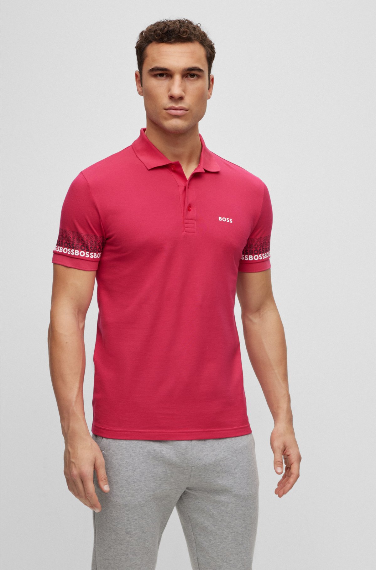 Cotton-piqué polo shirt with repeat-logo sleeves, Pink